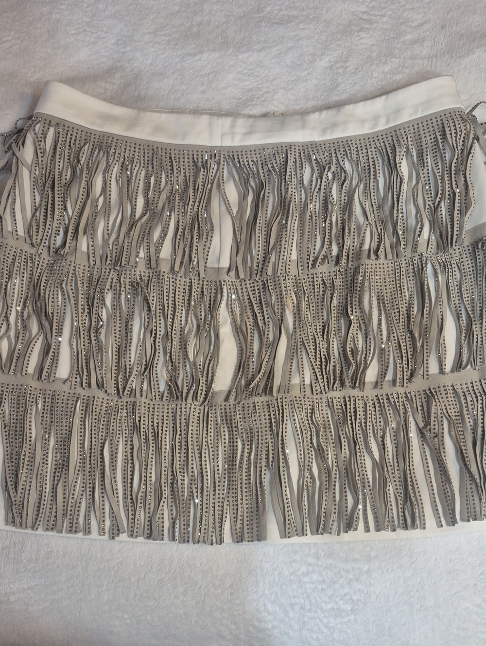 Fringe Tiered Mini Skirt - White/Gray Sz. 2X